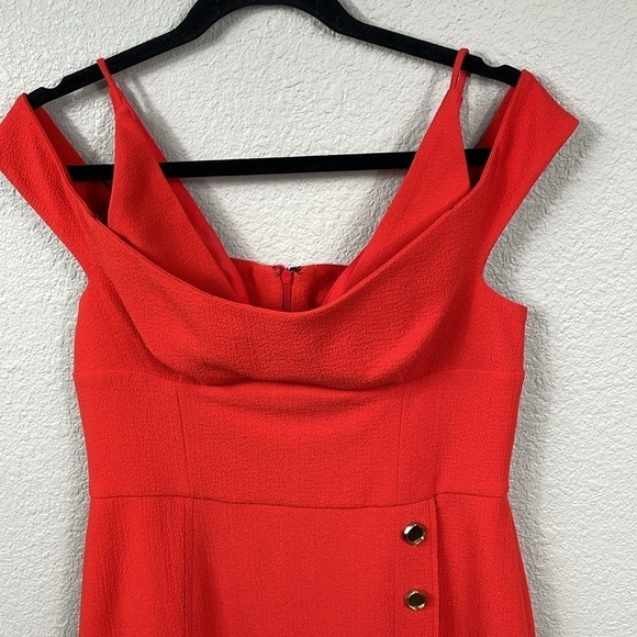 NWT Rebecca Vallance Beltran Midi Dress Button Slit Skirt Off The Shoulder Red 8 - Picture 6 of 14